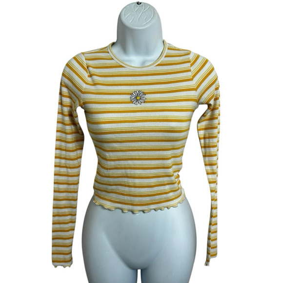 Hollister Yellow Striped Ribbed Daisy Top Sz XS Long-Sleeve Stretch Blouse - Picture 6 of 6